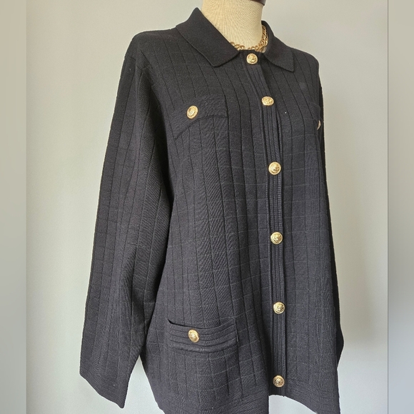 SIONI Black Ceckered Cardigan with Gold Lion Buttons. Size 1x - Picture 2 of 11